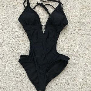 Black one piece swimsuit.